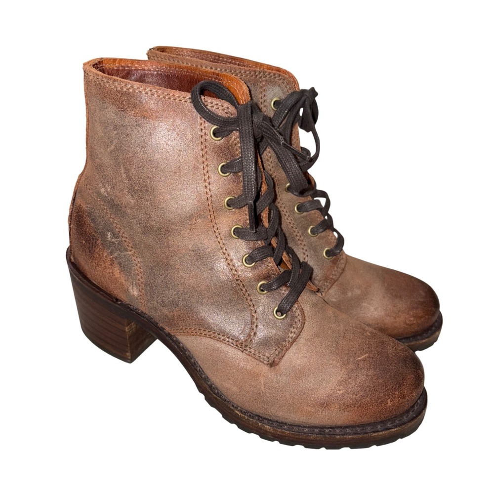 Frye Distressed Tan Lace-Up Leather Ankle Boots
